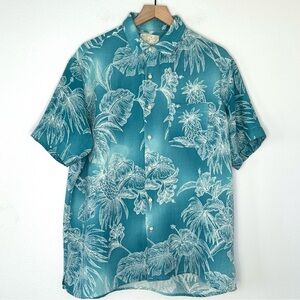 Tasso Elba Island Silk Linen Shirt Sz L Button Up Blue Leaves Hawaiian Coastal